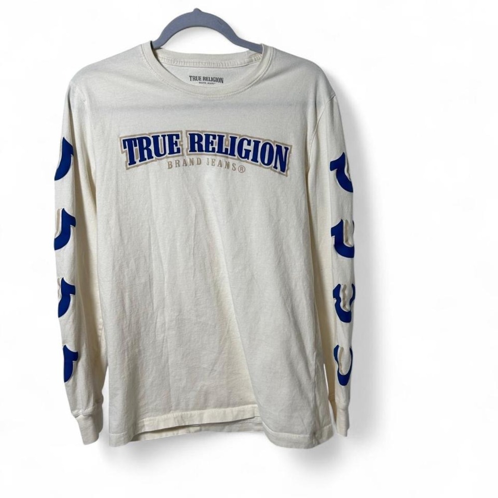 True Religion white long sleeve shirt with blue‎ logo Size M #denim
